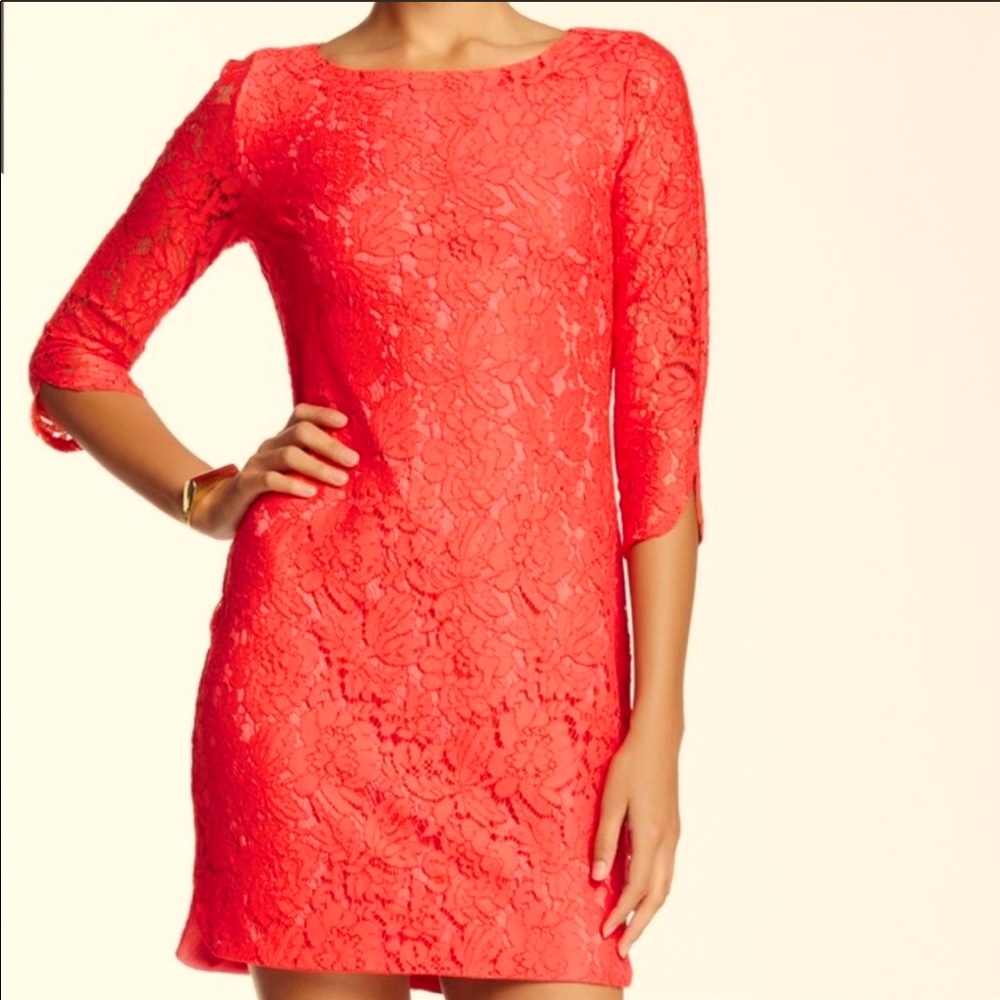 Coral long-sleeved lace dress